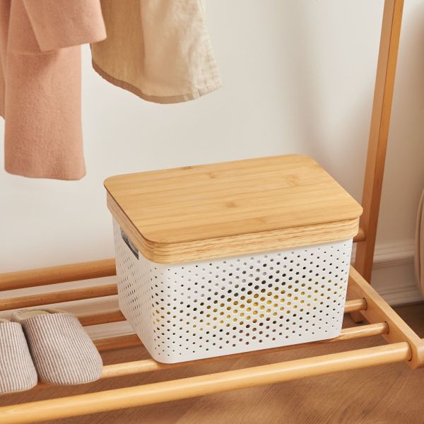 White plastic storage basket with natural bamboo lid and handles