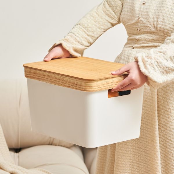 White plastic storage basket with natural bamboo lid and handles