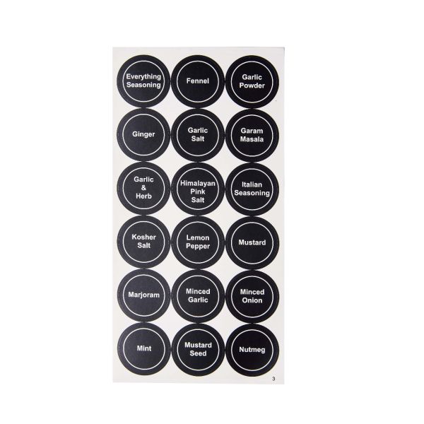 Black minimalist pre-printed spice labels on kitchen jars, round and square designs