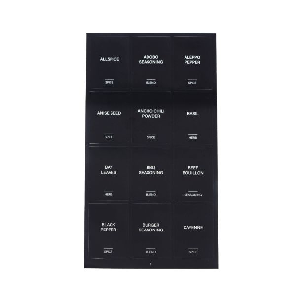 Black minimalist pre-printed spice labels on kitchen jars, round and square designs