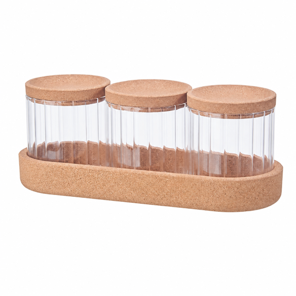 Eden & Willow set of 3 ribbed glass canisters with cork lids on cork tray