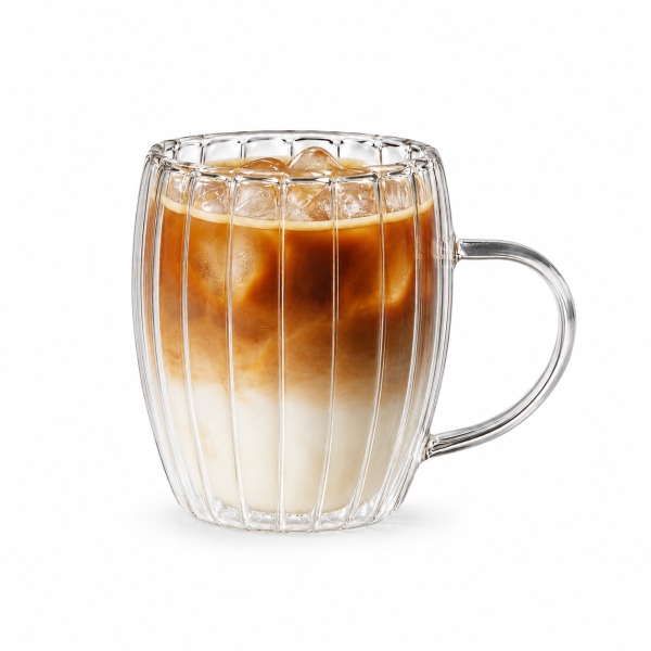 Ribbed double walled glass coffee cup with handle