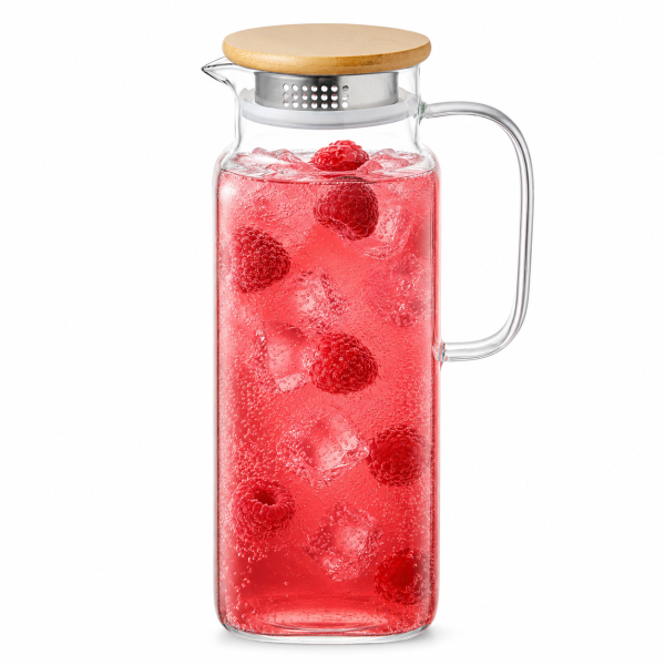 Eden & Willow 1.8L clear glass water jug with bamboo lid, stainless steel strainer and pouring spout
