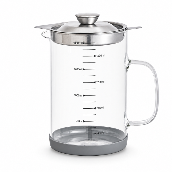 Eden & Willow 1.8L glass measuring jug with stainless steel lid and strainer