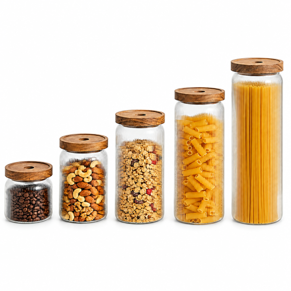 Eden & Willow ribbed borosilicate glass storage jar with natural acacia wooden lid, holding dry food on a kitchen worktop