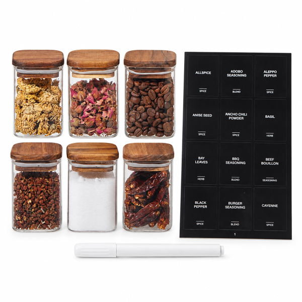 Set of 6 Square Glass Spice Jars with Acacia Lids and Labels