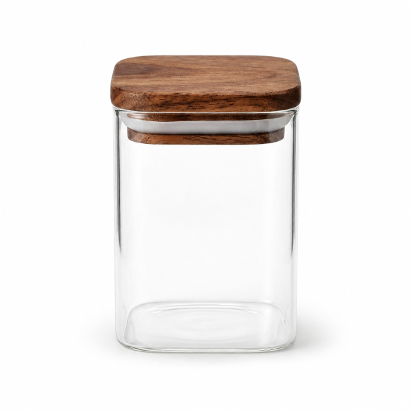 Small Square Glass Spice Jar with Airtight Acacia Lid, 250ml