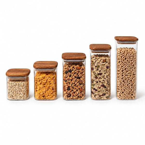 Clear square glass storage jar with an acacia wood lid, filled with dry food and displayed on a kitchen worktop