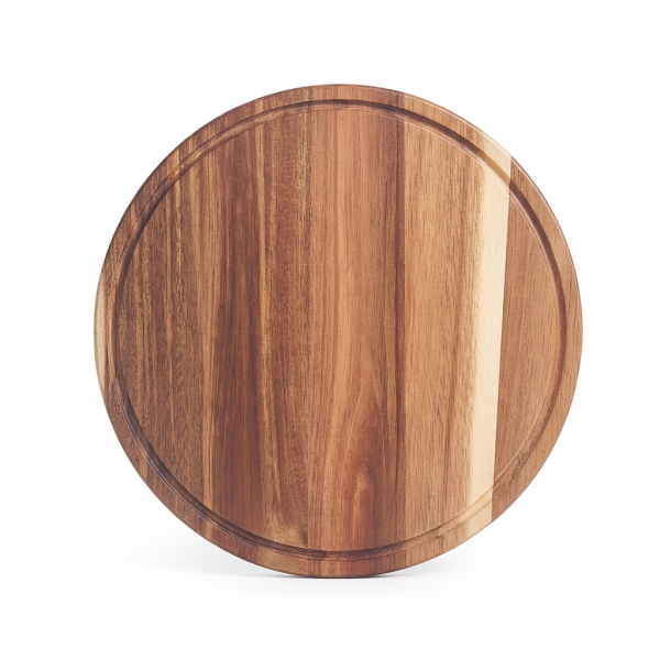 Eden & Willow 35cm round acacia wood serving board with juice groove, showing natural two-tone wood grain