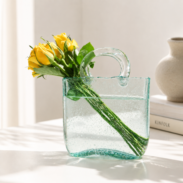Eden & Willow handmade bag-shaped clear glass vase
