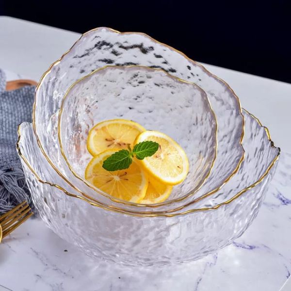 Gold edge glass bowl set with wavy textured design for elegant dining and serving