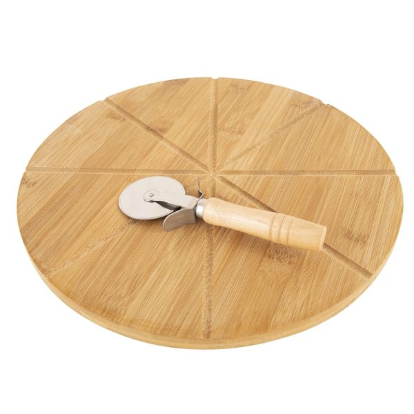 Round bamboo pizza board with slice grooves and pizza cutter.