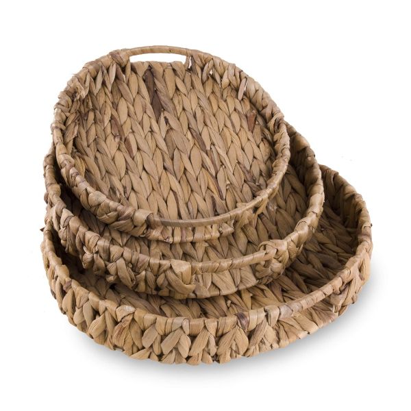 **Natural water hyacinth round tray set with handwoven design and integrated handles**

**Decorative wicker basket tray set for home organization and storage**

**Rustic serving trays in small, medium and large sizes for stylish home decor**

**Bohe