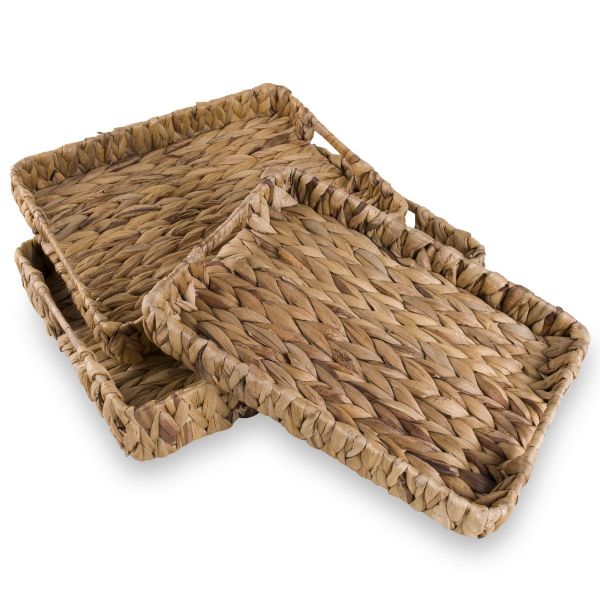 Natural Multi-purpose decorative water hyacinth rectangular storage tray with handles