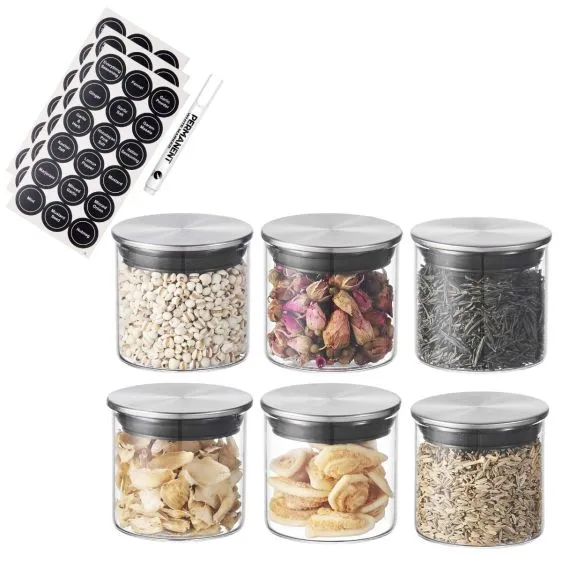 Set of 6 Round Glass Spice Jars with Stainless steel Lids and Labels