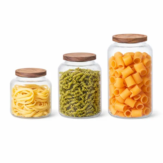 Ribbed Wide Mouth Glass Storage Jar with Acacia Wooden Lid