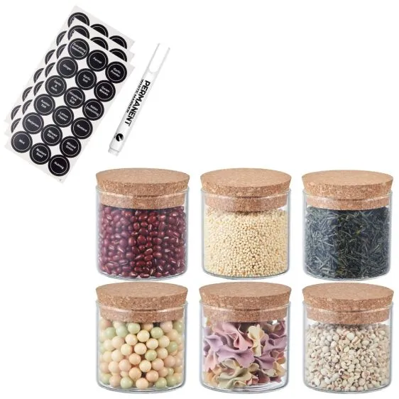 Set of 6 Round Glass Spice Jars with Cork Lids and Labels