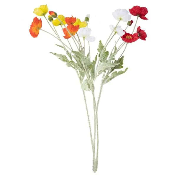 A vibrant artificial poppy flower with delicate silk petals and a realistic center, set against a serene background, bringing a touch of perpetual spring to the indoor space