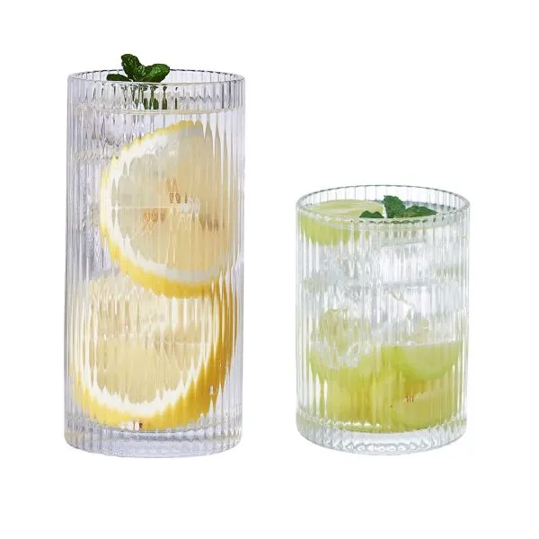 Elegant Striped Highball Glass Set with 250ml and 350ml ribbed tumblers showing crystal-clear design