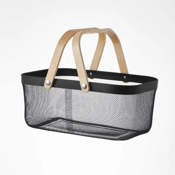 Mesh Wire Metal Storage Basket with Wooden Handle in White and Black