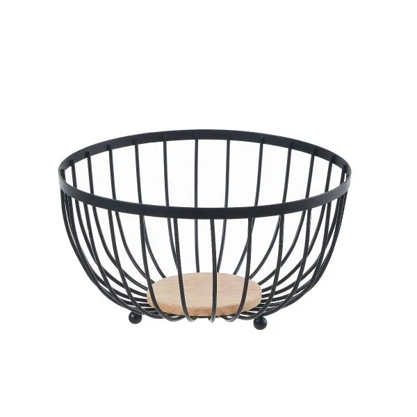 Black Round Metal Fruit Bowl with Wooden Base on a kitchen countertop