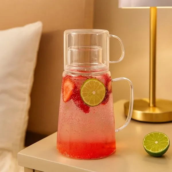 Borosilicate Glass Pitcher Jug and Cup Set with Handle