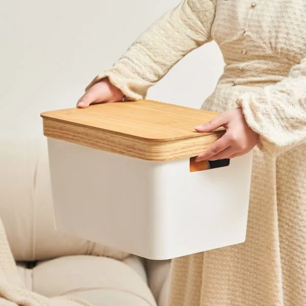 White plastic storage basket with natural bamboo lid and handles