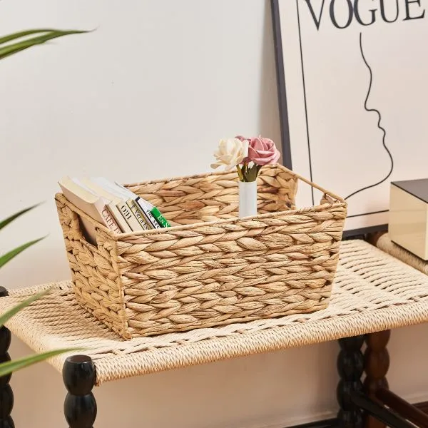 Natural water hyacinth wicker storage basket with handles