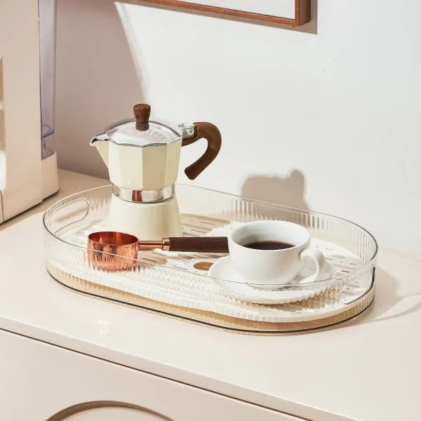 Oval kitchen organiser tray with water draining insert and comfortable side handles