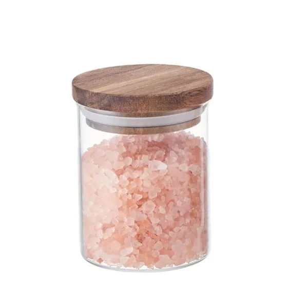 - Set of glass spice jars with acacia wood lids displaying organized kitchen spices
- Airtight glass spice containers with wooden lids and silicone seal rings
- Premium borosilicate glass jars with natural acacia wood tops for spice storage
- Stackable