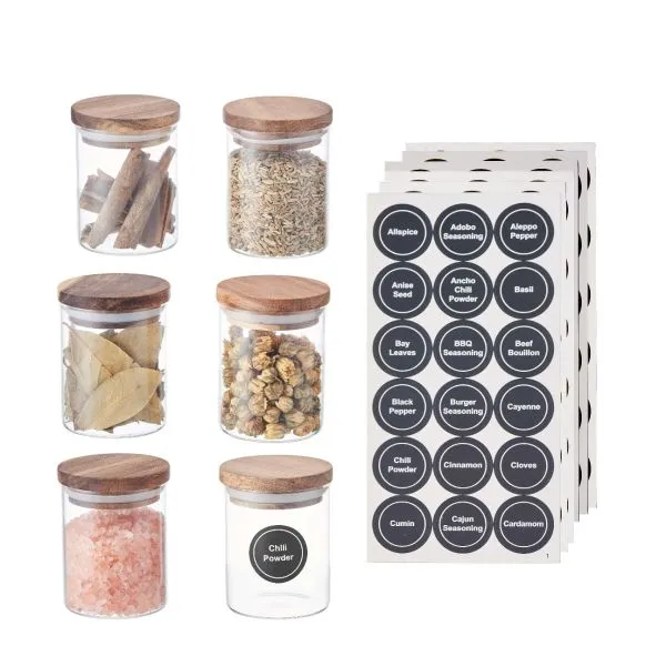 Set of glass spice jars with acacia wood lids displaying organized kitchen spices
Airtight glass spice containers with wooden lids and silicone seal rings
Premium borosilicate glass jars with natural acacia wood tops for spice storage
Stackable glass h