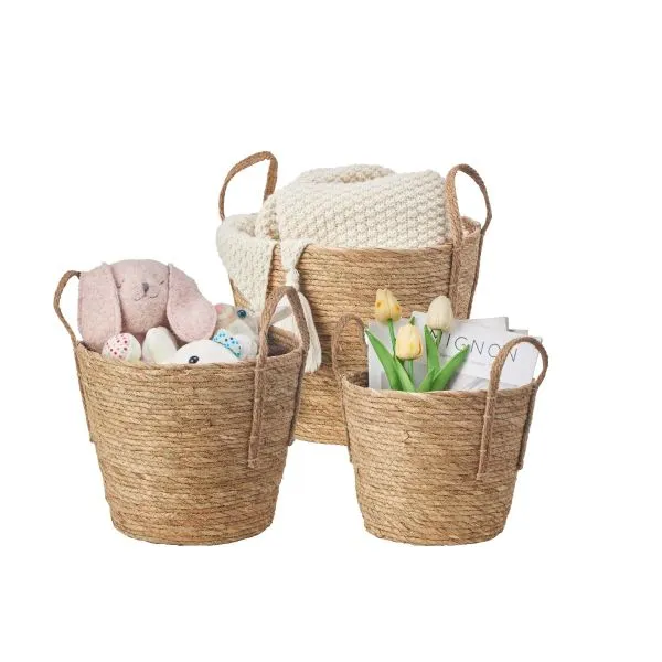 Natural straw woven storage basket with handles for home organisation