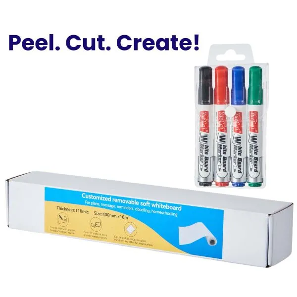 Self-Adhesive Whiteboard Roll with Built-in Cutter for Easy Custom Sizing