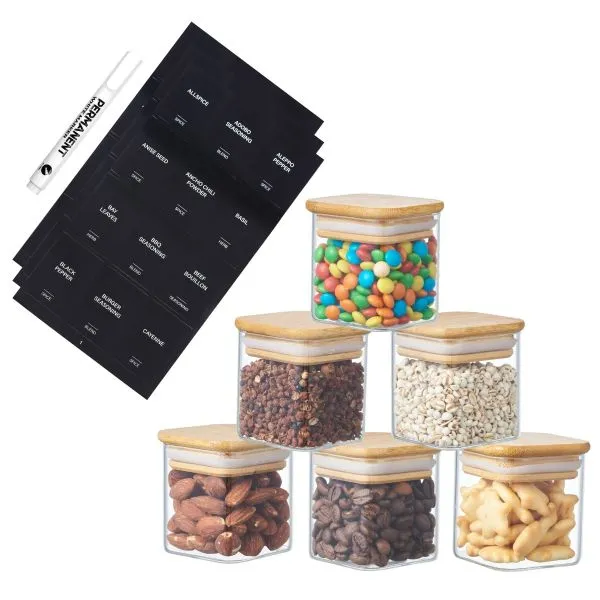 Square Glass Storage Jars with Bamboo Lids for Kitchen Organization