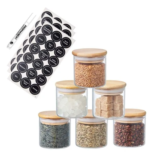 Round Glass Spice Jars with Bamboo Lids Set of 6 and 12 with Labeling Kit