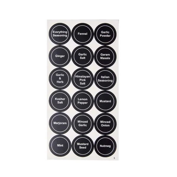 Black minimalist pre-printed spice labels on kitchen jars, round and square designs