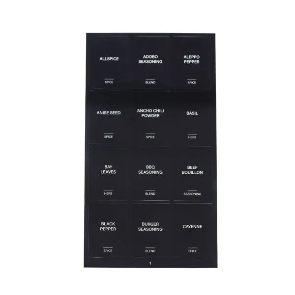 Black minimalist pre-printed spice labels on kitchen jars, round and square designs