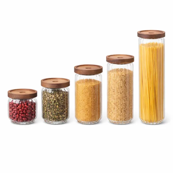 Ribbed airtight glass kitchen storage jar with acacia wooden lid