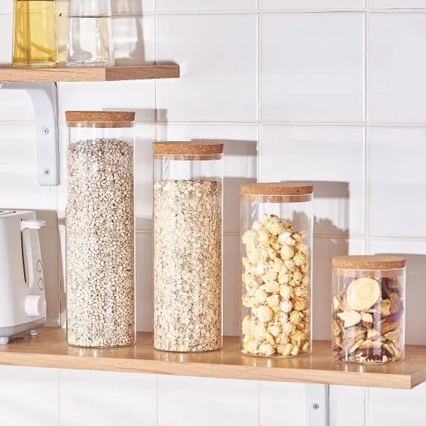 Round glass jar with airtight cork lid for kitchen storage