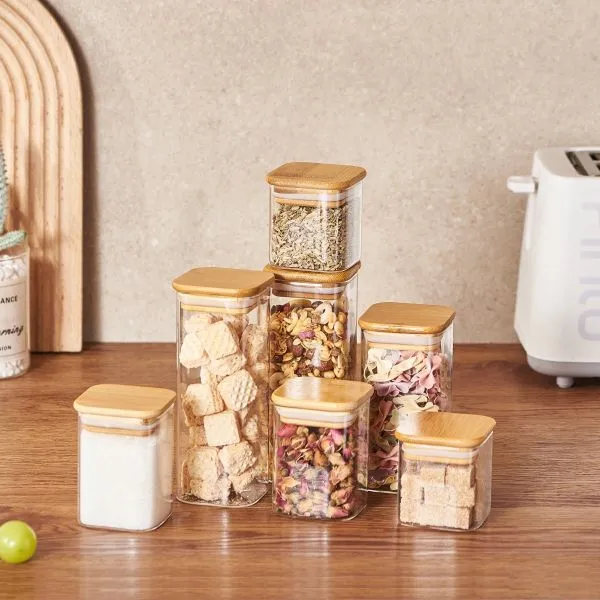 Square Glass Storage Jars with Bamboo Lids for Kitchen Organization