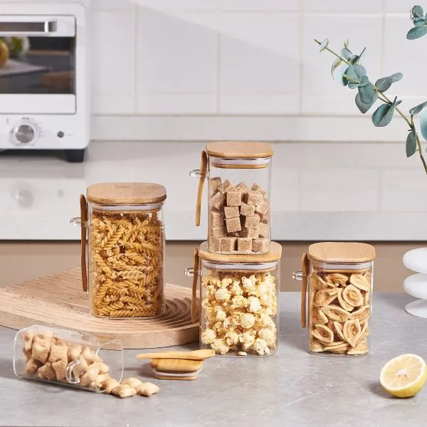 Square Borosilicate glass jar with a bamboo lid and spoon, ideal for kitchen storage